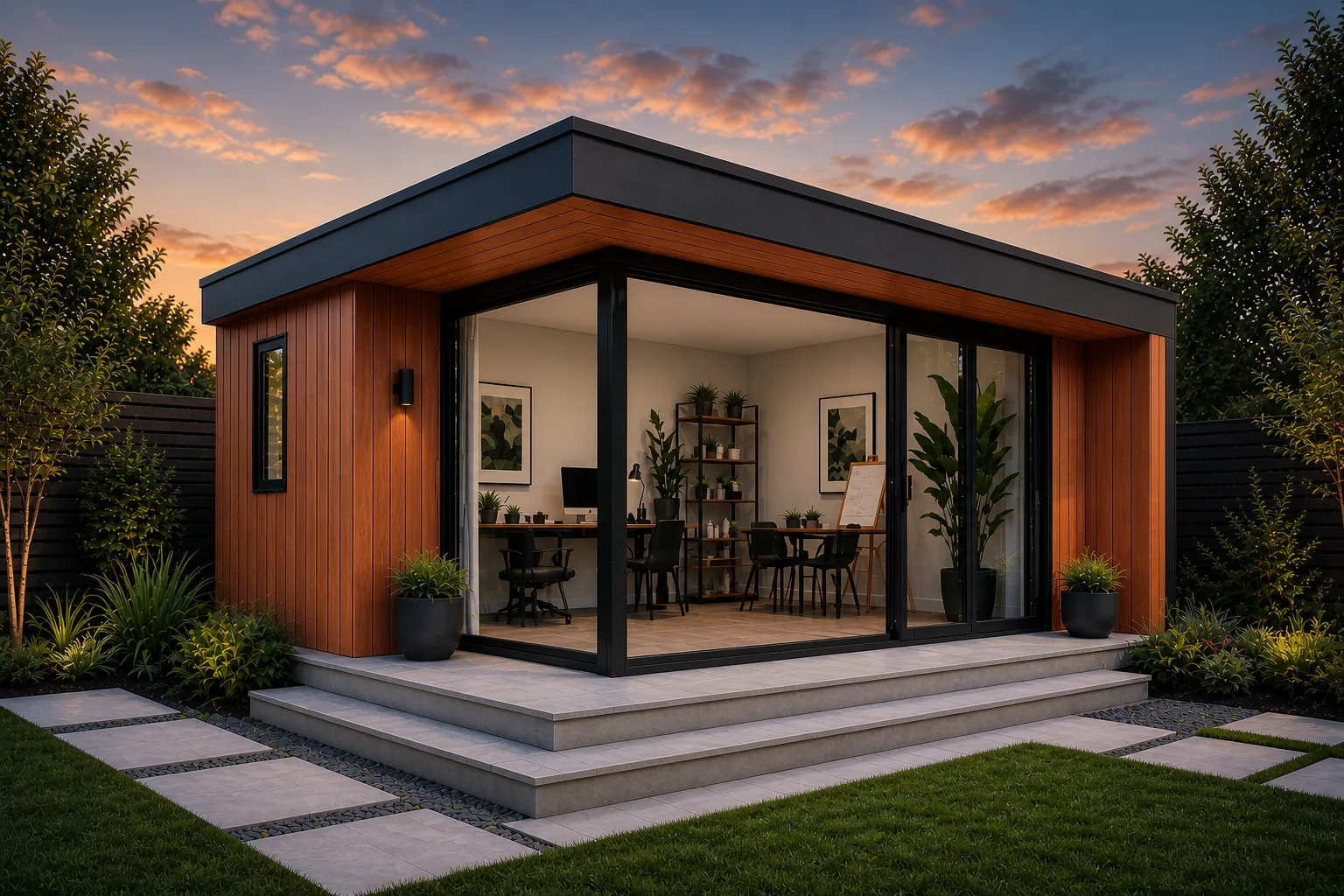 Architectural garden room with warm timber cladding and full-height aluminium glazing