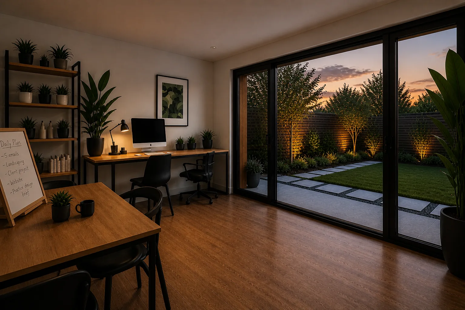 Interior of a garden room with floor-to-ceiling glazing